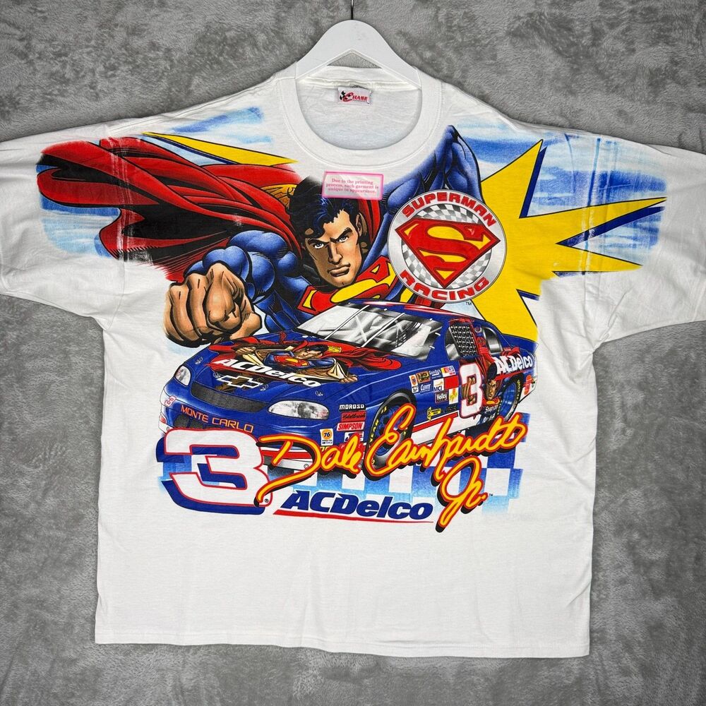 Vtg 90s Dale Earnhardt Jr Superman T-Shirt Mens 2XL AOP Chase Authentics Nascar